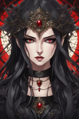 An arrogant looking young woman with pale skin and long brown hair in a stormy dark fantasy setting with intricate details. She is wearing black and read leather, has red eyes, an air of malevolent power surrounds her. Anime style. High definition.