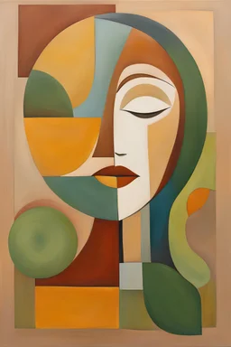 Eco-Minimalism" - Depict the idea of sustainability and eco-consciousness in a minimalist painting that incorporates organic shapes and earthy colors , classic modern art, face art of human face metalic feel