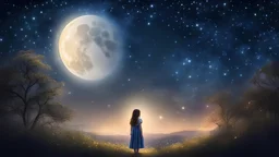 In an enchanted moonlit night, a dreamy young girl stands under the shimmering glow of the moon, her eyes filled with wonder and contemplation. The night sky is filled with stars, casting a soft, ethereal light over the serene landscape. The atmosphere is one of tranquility and magic, as the girl is enraptured by the beauty of the nocturnal scene. The digital art should capture the enchanting moment, portraying the girl in a state of peaceful reverie, while the moon and stars illuminate the surr
