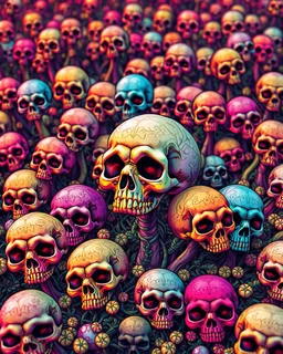 a field of skulls growing from the ground like fungus, multi colored, bright, vivid, psychedelic high detailed, matte, bunches and bubbled up mini skulls and sinew, horrorcore, vines