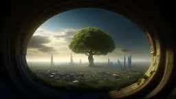 the last tree on earth, view from a far, portal to a space near the tree on the left, on the right city of the future year 4222, very realistic,