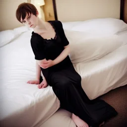 Realistic photo Russian shorthair beautiful 20-years tomboy boyish boylike young wife wide hips in black nightgown in hotel