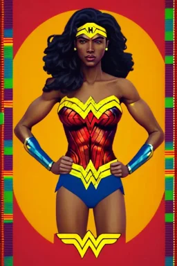 wonder woman in Kente costume portrait, cinematic, ghana colours, african pattern, engraved, high detail