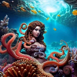 high-quality, fine-detail portrait of gorgeous, stunning goddess with octopus as hair, coral reef exoskeleton, underwater, 8k resolution, 3D octane render, intricate, digital art, detailed matte, volumetric lighting, George Grie, Anne Dittman, Anne Stokes, Lisa Parker, Selina French,