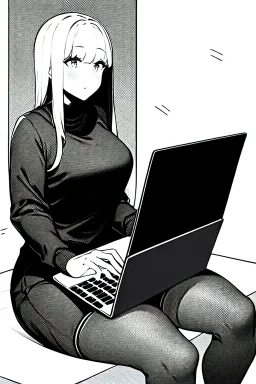 thin hacker girl use a laptop sitting in a cafe, line arts, greyscale