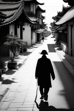 Black & white man walks on road's chinese village with playing light and shadow as ho fan style