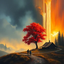 A cinematic atmospheric oil painting landscape dramatically split between cool misty blue-gray tones on the left and warm golden-orange sunset hues on the right. A vibrant red tree blazes like flames against the dramatic sky on the right side. Cascading vertical color streaks create a surreal waterfall effect throughout the composition. Two human figures a man and a woman and a dog walk intimately side-by-side along a winding path in the foreground. A rustic wooden cabin sits
