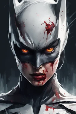 Large white border all round. Overlay Japanese type. A poster with of batgirl extremely detailed eyes and face,portrait,bloody face,open flesh wounds,scary creepy,grisly ominous,painted with vibrant oils, cyberpunk art by Maciej Kuciara, cgsociety, deconstructivism, darksynth, behance hd, dystopian art, illustration