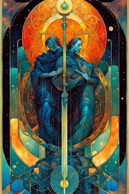 Create a chaotic abstract cubist Tarot Card depicting an ornate,The Three of Swords , in the style of Bill Sienkiewicz, Philippe Druillet, Gustav Klimt, Alphonse Mucha, and Jean Giraud Moebius, precisely drawn, colored and inked, in muted colors, with ornate bordered edges