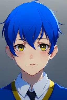 A manho boy with short dark blue hair, blue eyes, freckles, and wearing a Japanese school uniform