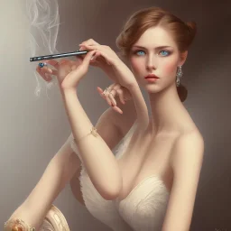 painting of an elegant lady sitting on a chair, smoking, beautiful woman perfect face, blue eyes, sharp focus, highly detailed