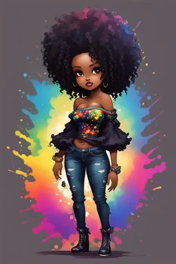 create a colorful abstract silhouette art image 8k of a chibi curvy black female wearing torn jeans pants and a black tie dye off the shoulder blouse. Prominent make up with hazel eyes. Highly detailed long tight curly afro in a hair wrap.