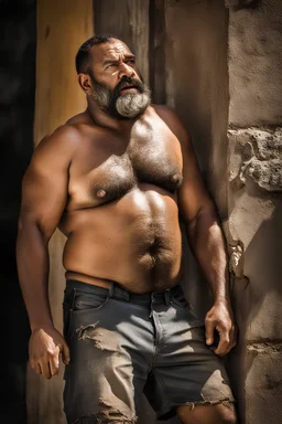 close up photography of an ugly 40 year old stocky robust burly marocan giant, wearing ripped work shorts, shirtless, leaning with his back on the wall, crossing arms, dirty, sweat, wet, ajar mouth, hairy chest, , very virile, short beard, shaved hair,, , in a sunny street, photorealistic , frontal view from the ground