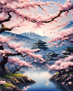 cherry blossoms, large japanese landscapes, japanese photographic style. elegant, beautiful, intricate, fantastic scenery, ultra-detailed, photographic style, oil patchwork, high resolution, crisp quality