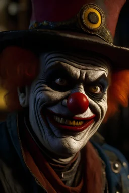 face shot, Clown Keira Neightly, intricate, beautiful detailed intricate, 8K, cinematic, 4k, sharp focus, concept art of detailed character design, layered fine detailed coal texture, dim dusk, atmospheric lighting, 8K, award winning details, friendly laughing sad smal clown, Award Winning, 8k, Photorealistic, Artstation, Unreal Engine, 8k Resolution, Hyperrealism award winning, 8k