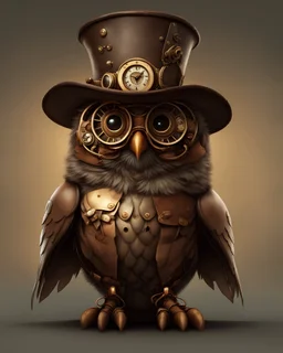 A steampunk owl in a hat and boots, fantasy, dreamlike, surrealism, super cute, wings spread open trending on artstation