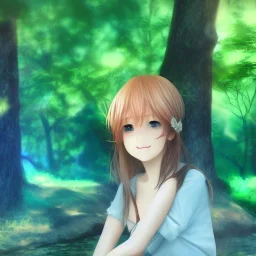 Insanely portrait of beautiful girl day, sunny, relaxing, sea, trees, real details anime style, realistic, glowing forest, 8k