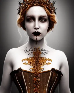 upper bust portrait, Bloody Mary, corset, intricate metal work thorn crown, glowing halo, 8k resolution concept art, dynamic lighting, intricately detailed, hyperdetailed, beautiful, ethereal, elegant, golden hour, gothic