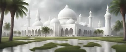 Hyper Realistic massive huge white mosque with white flags on the roofs at a rainy day with grassy pathway, palm trees
