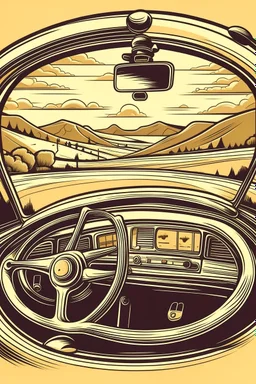 A vintage car phone with a curly cord, attached to the dashboard of a classic automobile. A scenic mountain highway stretches out in the background through the open window. Style: Retro travel, Mood: Adventurous, Lighting: Warm sunlight streaming through the window, T-shirt design graphic, vector, contour, white background.