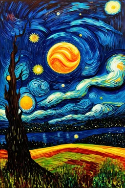 saturn eclipsed by the moon in a meteor shower; in the style of Van Gogh