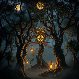 A clockwork forest bathed in twilight, where brass trees tick with gears. A biomechanical sanctuary inspired by Ix Chel, blending Mayan motifs with steampunk elegance. Lush, mystical, and intricately detailed. shrouded in mist, moonlit glow, shadowed corners