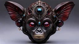 a beautiful menacing brown and black and deep crimson (iridescent:1.5) (monkey:1.5) holding a (raven:1.5) with perfect gorgeous black alien eyes and adorned with (unique bone carvings:1.5) with futuristic jewelry and pearlescent butterflies filigree, H.R. Giger style, Japanese and alien background, perfect features, sharp focus, whimsical, fantasycore, aliencore, gothcore, lillies and tropical flora, aliens,