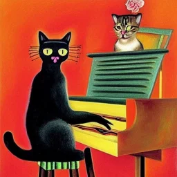 cat playing piano in style of frida kahlo painting