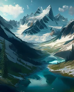 A breathtaking mountain vista, with snow-capped peaks, verdant valleys, and a ribbon of crystal-clear water carving its way through the landscape.
