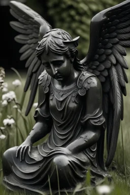 Imagen de una estatua de Ángel con lágrimas negras , con alas y corona viendo hacia el suelo y con hierba crecida en la estatua
