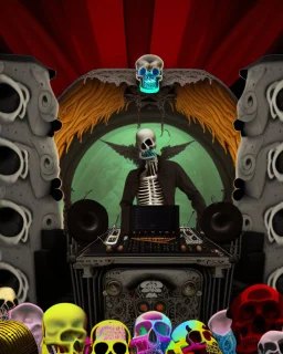 DJ of the damnded, insanely detailed DJ booth in hell, MID set, speakers and equipment made of bone, anatomically correct,