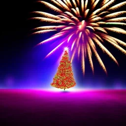 Christmas tree in large hall exploding with fireworks Winter background magical