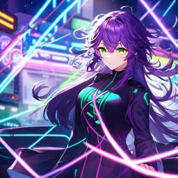 girl, masterpiece, best quality, volumetric lighting, dynamic pose, detailed outfit, perfect eyes, purple hair, green eyes, messy hair, long hair, neon lights,