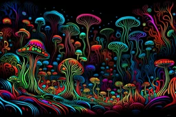 colorful, neon, vortex, lines, psychedelic, trippy, tiny mushrooms, black sky, scary