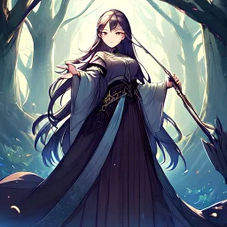 (Ultra-detailed) illustration of a (1girl, solo) fantasy character, a (witch) with long flowing hair, wearing a (blue) lehenga and blouse, (casting a spell) with a wand in her right hand, standing in the middle of a (forest). The forest has tall (trees) in the (background) and the sky has a (full moon) creating a (mysterious) and (enchanting) atmosphere. The witch's hair and clothes are being blown by the (wind) creating a sense of (movement) and (energy). The spell is causing (magical) (glowing