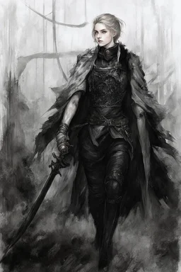 A female cleric dressed for the cold with a sword.