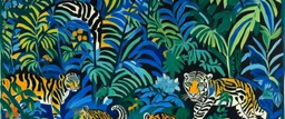 A dark blue jungle with tigers and chameleons painted by Henri Matisse