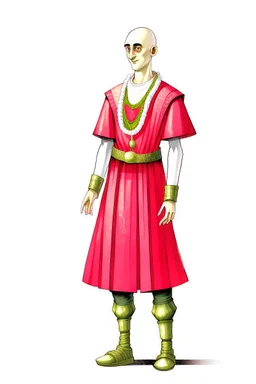 full length, friendly, tall 22-year old, shaved head, grey-eyed female cleric wearing red beads