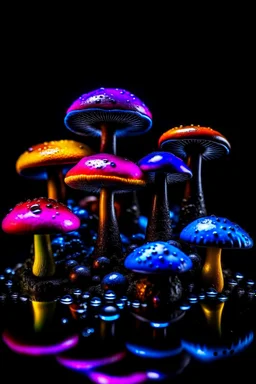 Diseased colourful mushrooms and fungi growing from black oil with a black background in the multiverse