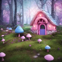 a cute pink and blue fairy house in the forest, spring time, mushrooms, 8k, flickering light, centered, high-quality, fine-detail, digital art, detailed matte, volumetric lighting, illustration, 3D octane render