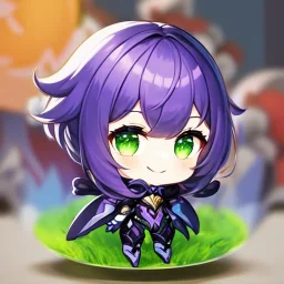 Clear focus,High resolution,High quality, Smiling, Purple long fluffy hair, Green eyes, Wearing a pink mech uniform, Honkai Impact Star Rail, Chibi