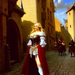 fullbody portrait 'beautiful blonde massiveboobs medieval woman on street in medieval city',corset,painting by gaston bussiere, greg rutkowski, yoji shinkawa, yoshitaka amano, tsutomu nihei, donato giancola, tim hildebrandt, oil on canvas, cinematic composition,sharp image, extreme detail,((fit full head inside picture)),32k