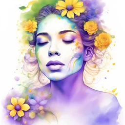 A woman with a vibrant and colorful face is seen in the image. She has several flowers of different colors adorning her face, including purple, green, and yellow. Her eyes are closed as if she is lost in thought or deep concentration. The flowers appear to be arranged around her eyes and forehead in an artistic pattern that draws attention to her features. Her hair is pulled back away from her face, allowing for the full effect of the flower arrangement to be seen. She wears a green shirt which