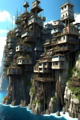 vertical pirate city built onto cliff