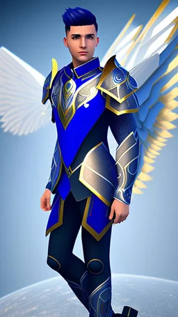 a human male with blue short hair and blue wings in assymetrical armor with geometric patterns and a book in hand, geometric wings