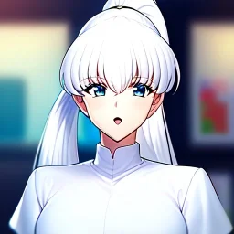 Clear focus, 8k, Elf, ranma drawing Takahashi style, White hair, ponytail, hair in between the eyes, up close,