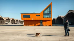 On the deserted runways of an abandoned airfield, the house stands quietly. The weathered orange base reflects the history of the site, while the sharp-glassed upper floor rises like a futuristic command tower. A stray cat wanders through the old hangars, pausing under the angular shadow of the building, while a photographer captures the scene from afar, intrigued by the blend of modernity and desolation.