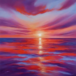 A vivid oil painting capturing a breathtaking sunset over a tranquil ocean, showcasing a rich palette of fiery orange, soft pink, and deep purple hues mirroring on the still water. The details of the brushstrokes and color blending evoke a sense of peace and serenity, inviting the viewer to immerse themselves in the beauty of the scene.