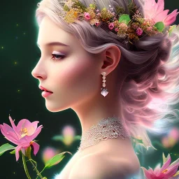 flowery landscape with bright beautiful fairy portrait, soft pastel colors, soft lightning