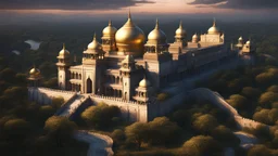 an indian city sprawling across a plain. royal palace. seen from a hill top. marble and gold. fantasy. exquisite realism, a masterpiece, dark fantasy concept art, dynamic lighting, hyperdetailed, intricately detailed, deep color, Unreal Engine, volumetric lighting